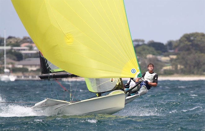 Sean O’Rourke and Edward Hackney go for flight under their yellow kite. - 49er National Championships ©  Alex McKinnon Photography http://www.alexmckinnonphotography.com